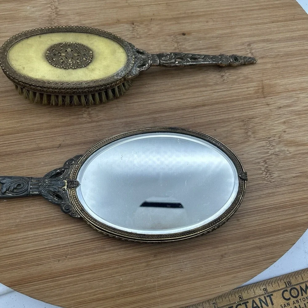 Apollo Hand Mirror‎ & Brush Set Ormolu Filigree Floral Vanity Hollywood Regency